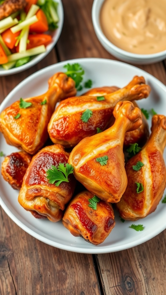 Crispy air fryer chicken thighs and drumsticks garnished with parsley on a wooden table.